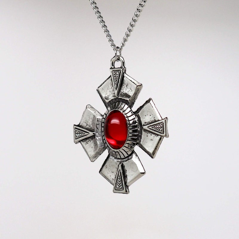 Real Metal Medallion with Red Cabochon Medieval Renaissance Silver Finish Pendant Necklace - Image 4